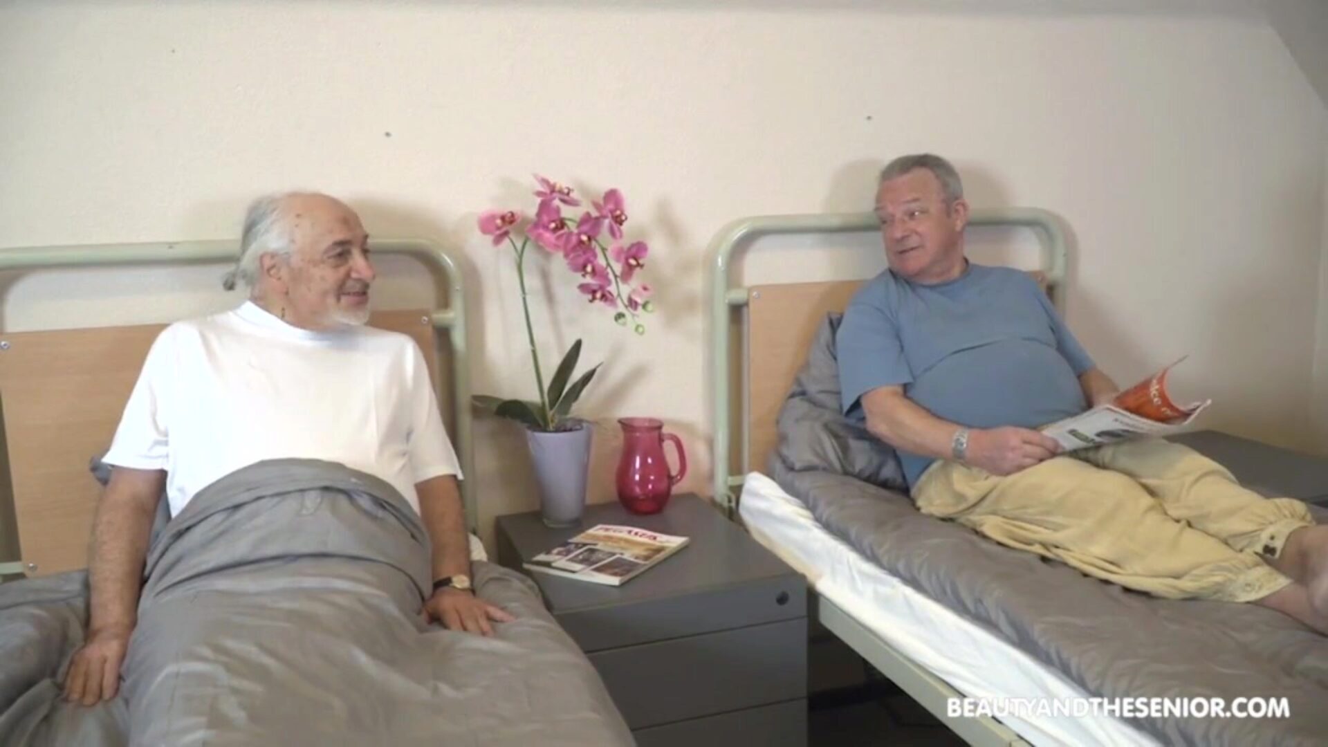 Time for your pill, Grandpa! Nana Garnet is a nurse who needs two elder schlongs Her thirsty cunt craves to be penetrated by both these senior farts. Watch the Full 4K ULTRA HD Video at BeautyAndTheSenior .com